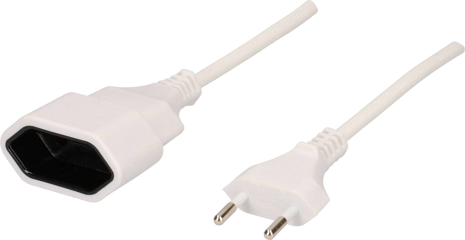 Ein weißes Netzkabel mit einem europäischen Stecker und einer weiblichen Steckdose an zwei Enden, geeignet für Elektrogeräte.