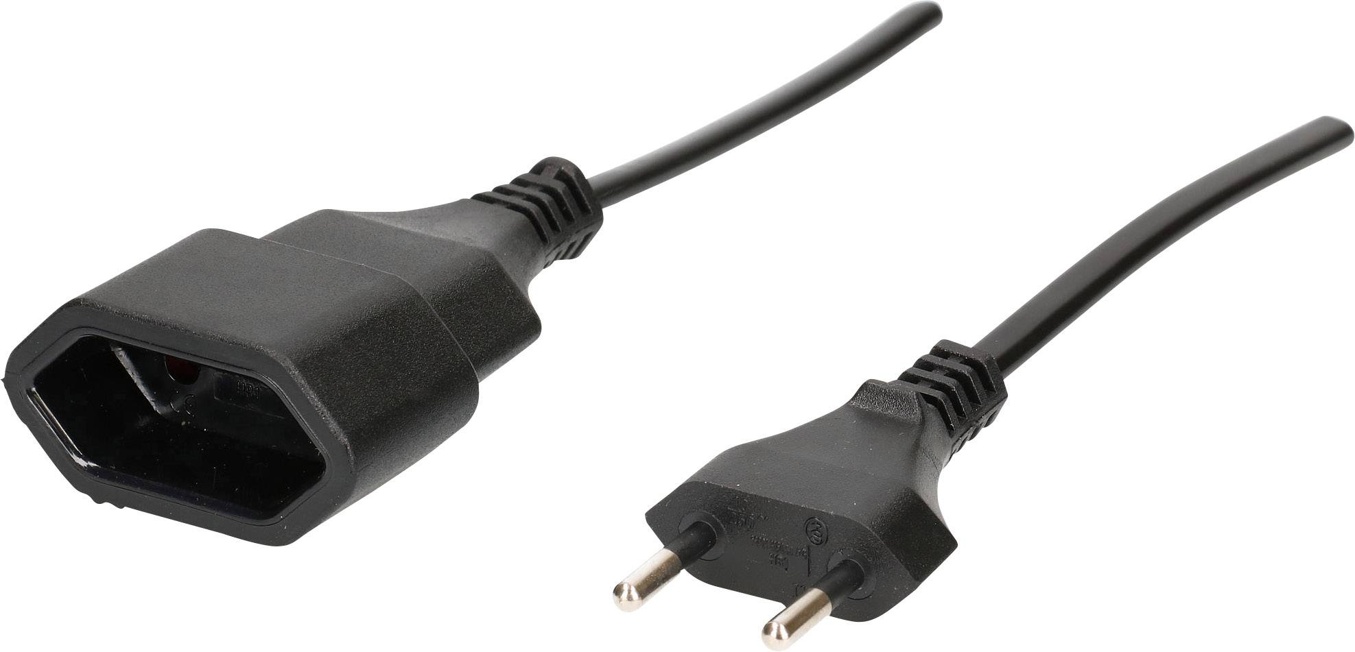 Ein schwarzes Stromkabel mit einem Eurostecker (zwei Stifte) und einem C13-Buchsenstecker, häufig für Computer verwendet.