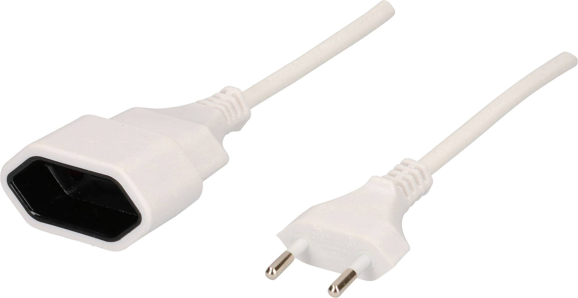 Ein weißes Netzkabel mit einem europäischen Stecker und einer Buchse. Geeignet zum Verlängern von elektrischen Verbindungen.
