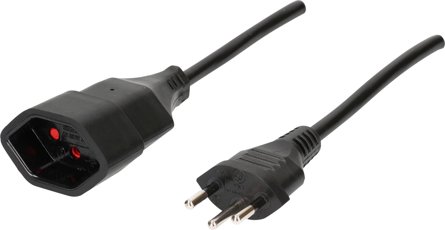Abgebildet ist ein schwarzes Stromkabel mit einem CEE 7/7-Stecker und einem dreipoligen IEC 60320-C13-Stecker.