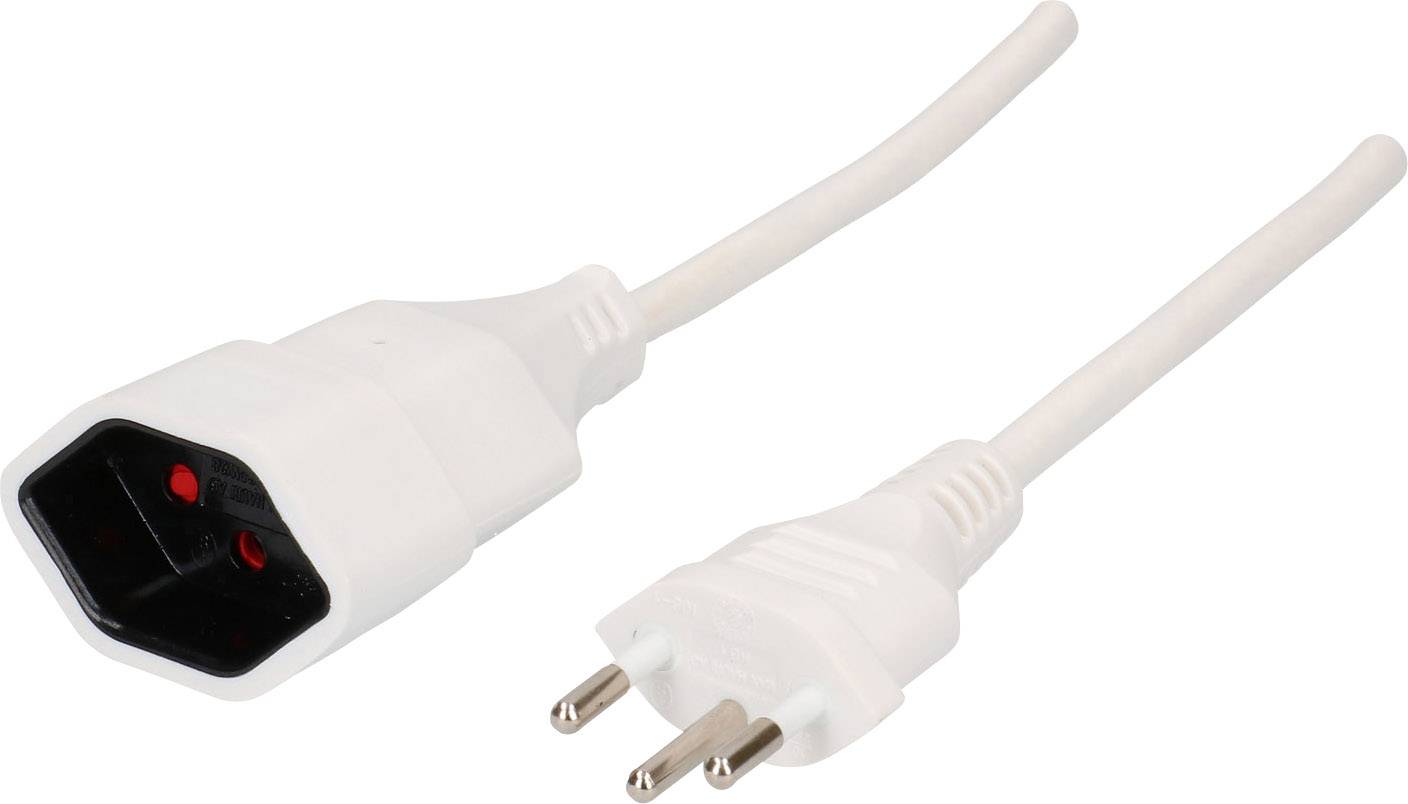 Ein weißes Netzkabel mit einem Eurostecker auf der einen Seite und einem dreieckigen Anschluss auf der anderen Seite für elektronische Geräte.
