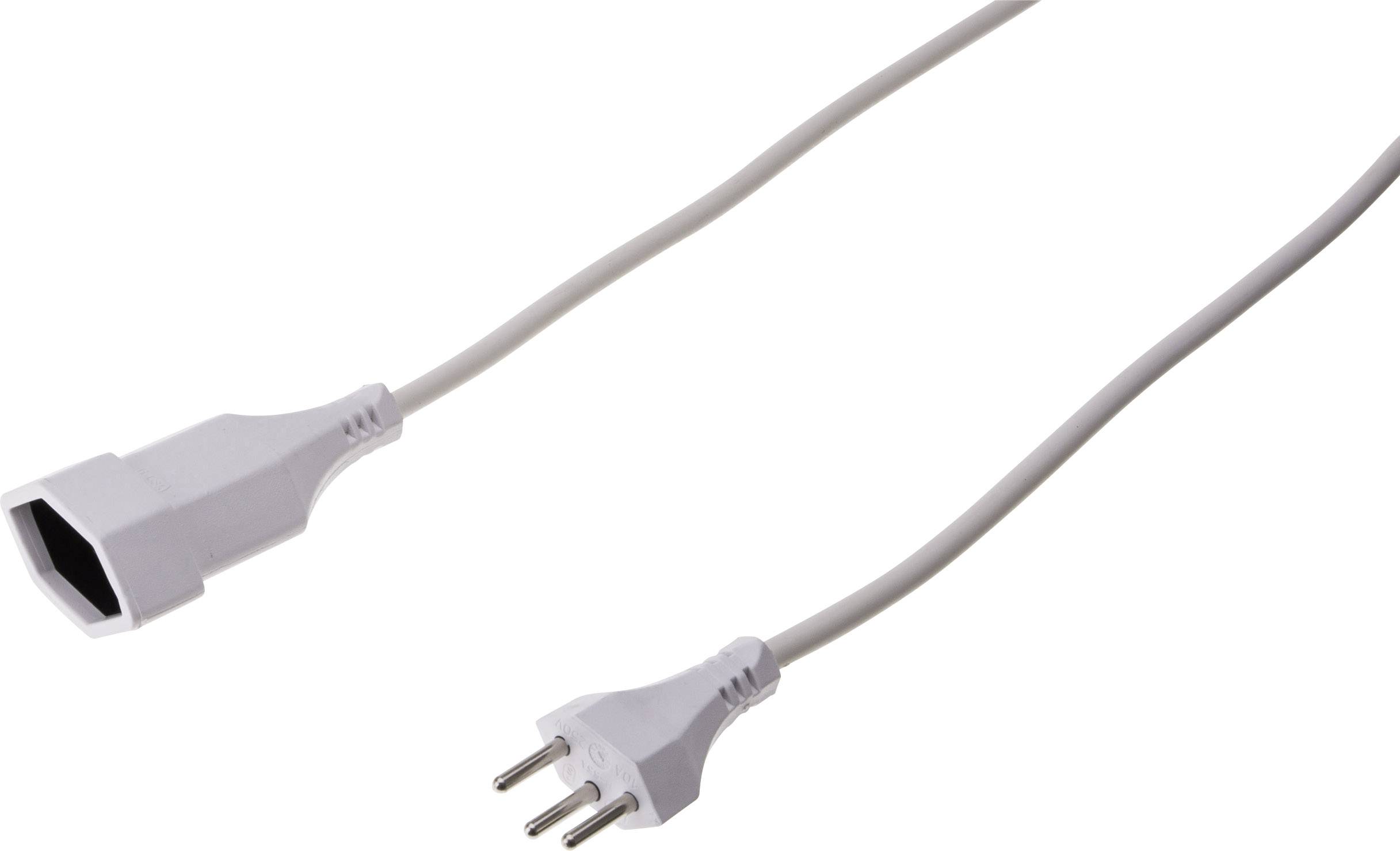 Ein graues Verlängerungskabel mit einem weiblichen und einem männlichen Stecker, dargestellt auf einem weißen Hintergrund.