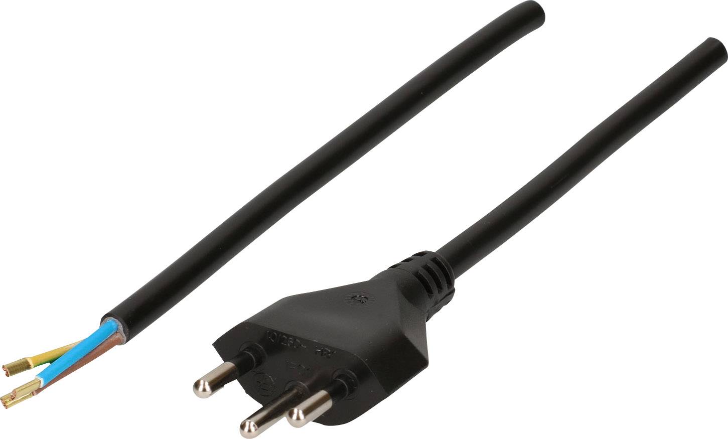 Schwarzes Stromkabel mit dreiadrigem Stecker und offen liegenden Kabelenden. Geeignet zum Anschluss von Elektronikgeräten.