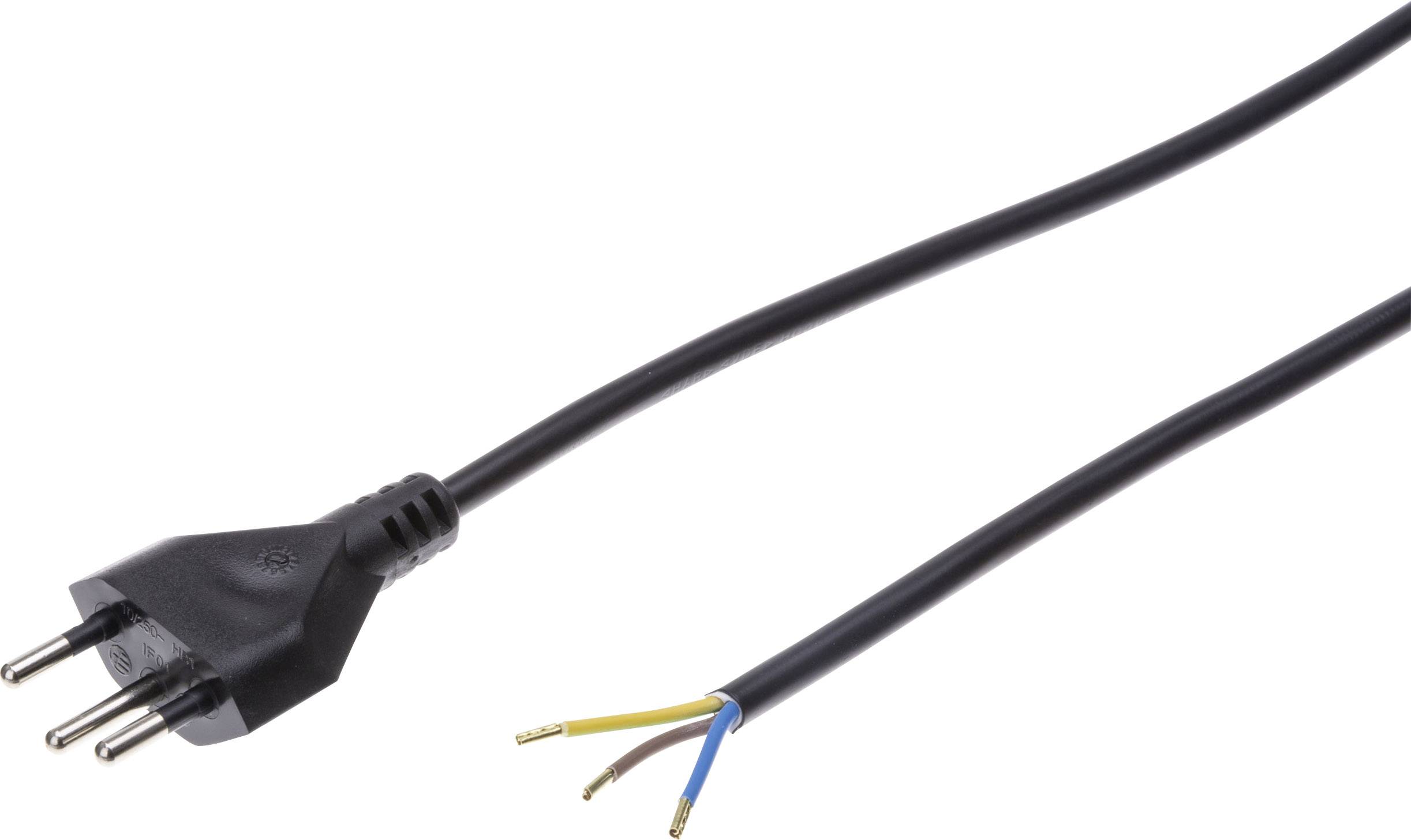 Schwarzes Netzkabel mit offenliegenden Aderenden in Gelb, Blau und Braun. Geeignet zum Anschließen elektrischer Geräte.