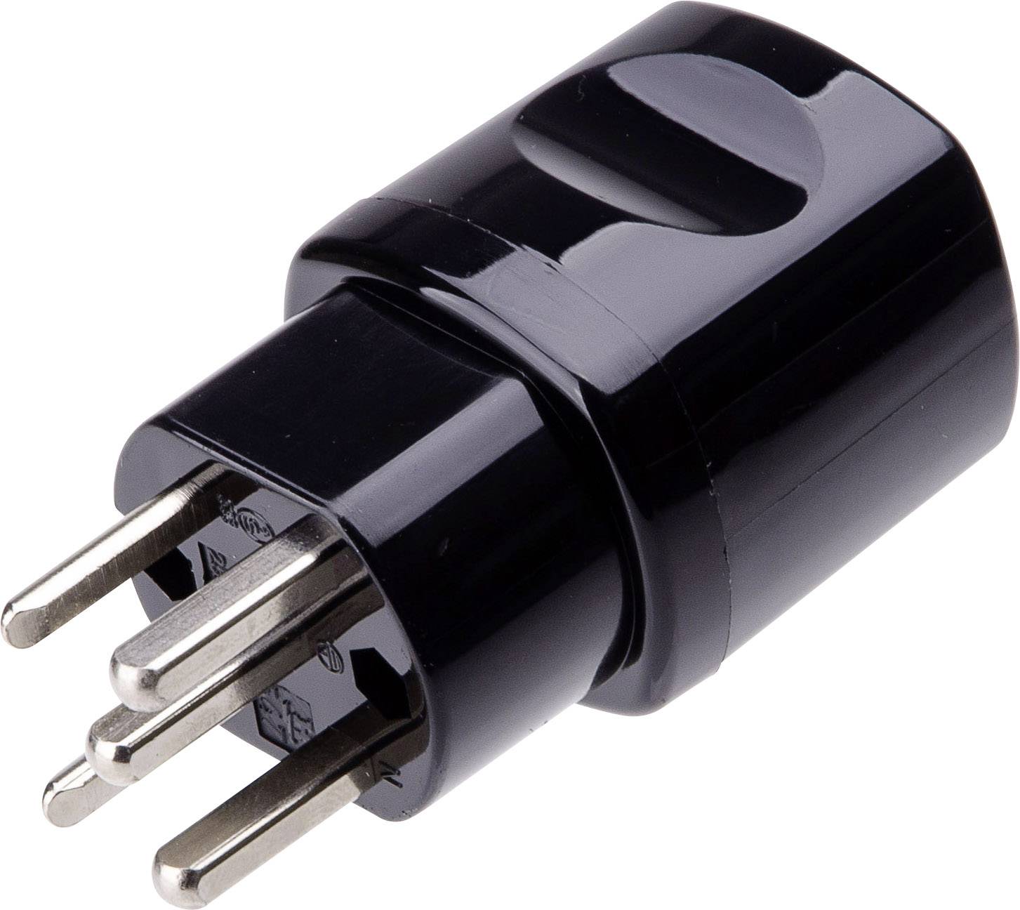 Schwarzer Reiseadapter mit drei runden Stiften, geeignet für Steckdosen in der Schweiz.