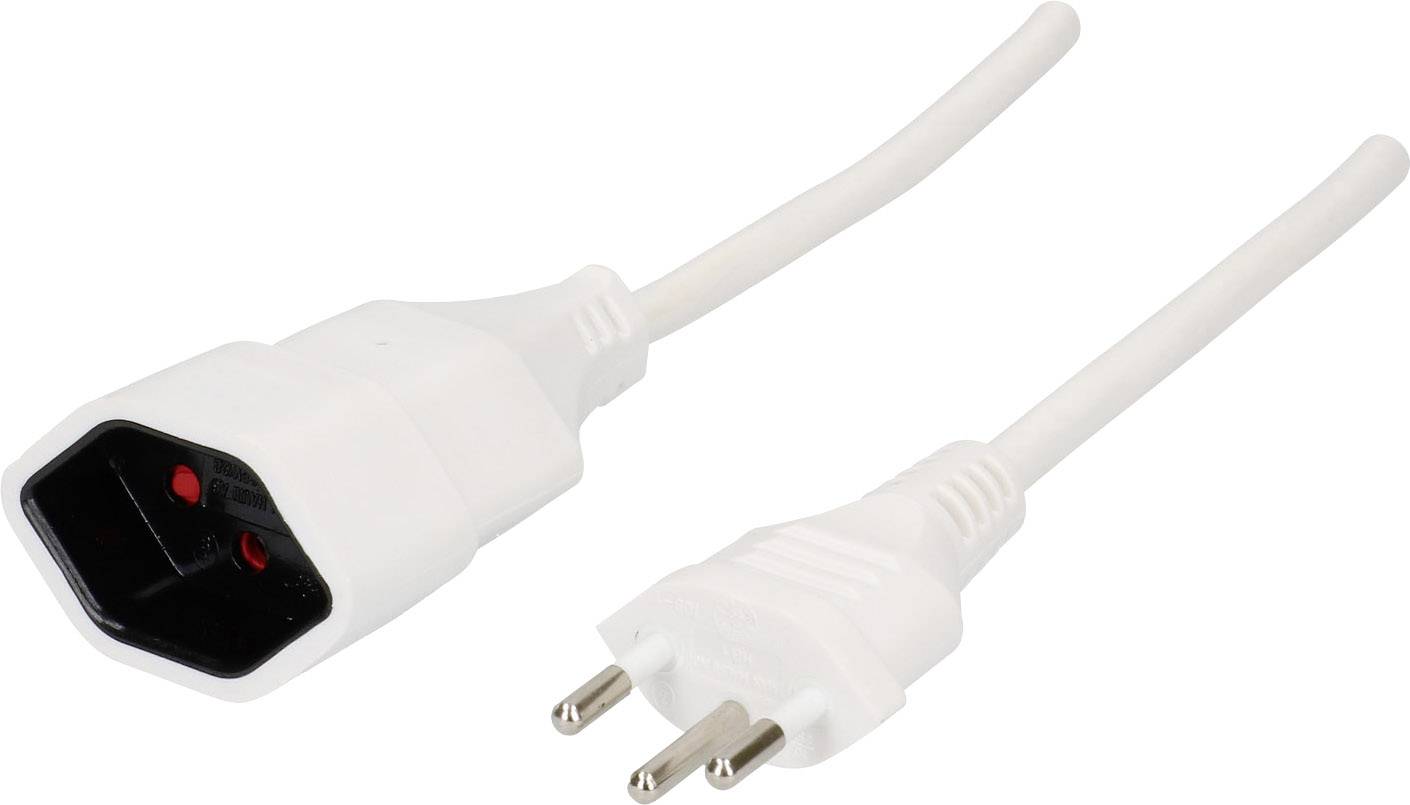 Weißes Netzkabel mit Schuko-Stecker und C13-Buchse, verwendet zum Anschluss von Elektrogeräten an eine Stromquelle.