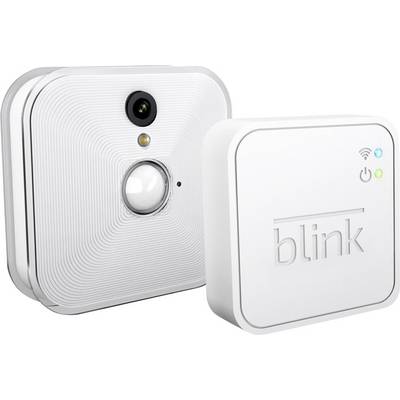 Heimsicherheitskamerasystem bestehend aus einer quadratischen Kamera mit Bewegungsmelder und einem separaten Hub mit 'blink'-Logo.