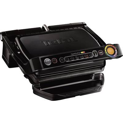 Elektrischer Kontaktgrill mit schwarzem Gehäuse, Markenlogo oben, Bedienfeld mit mehreren Symbolen und buntem Einstellungsrad.