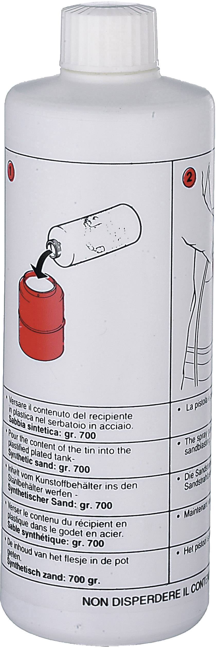 Eine Plastikflasche mit Aufdruck in mehreren Sprachen. Hauptinhalt: Füllen Sie das Gefäß mit Sand, Gewicht 700 Gramm.