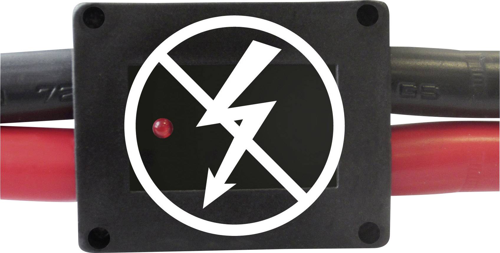 Schwarz-roter Kasten mit Blitzen-Symbol und diagonalem Strich. Symbolisiert Gefahr oder Verbot von Strom oder Spannung.