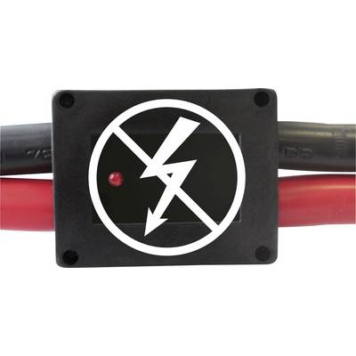Schwarz-roter Kasten mit Blitzen-Symbol und diagonalem Strich. Symbolisiert Gefahr oder Verbot von Strom oder Spannung.