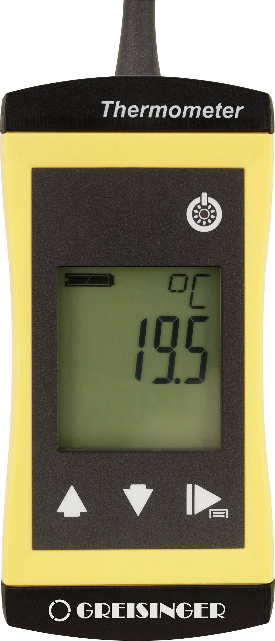 Handheld-Thermometer zeigt '19,5°C' auf digitalem Display. Gehäuse gelb-schwarz. Oben Aufschrift 'Thermometer'. Bedienknöpfe unten.