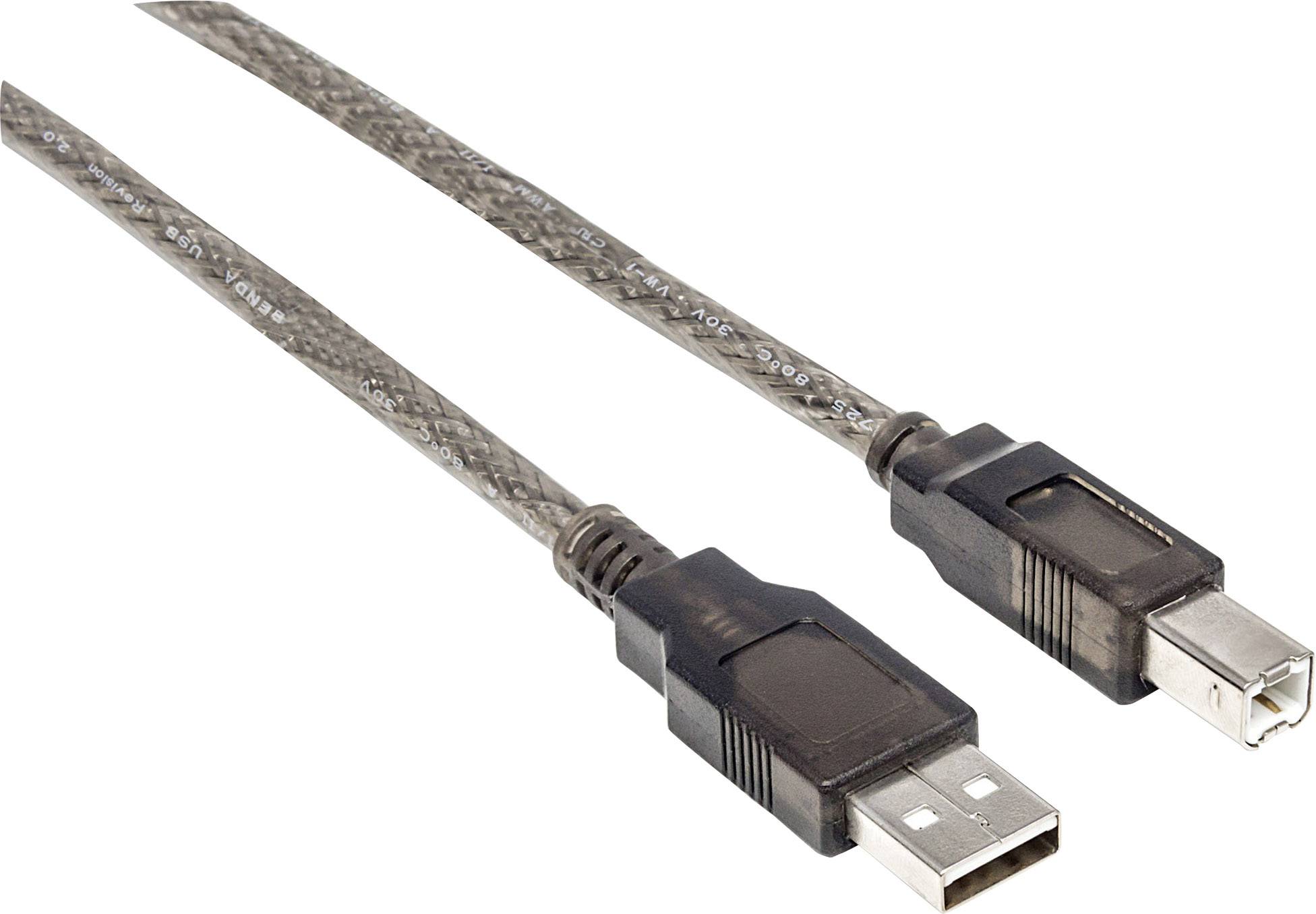 USB-Kabel mit einem männlichen USB-A-Stecker links und einem männlichen USB-B-Stecker rechts, auf weißem Hintergrund.