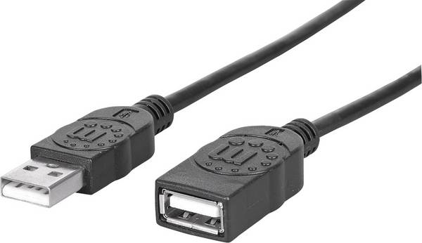 Manhattan USB-Kabel USB 2.0 USB-A Stecker, USB-A Buchse 1.00 m Schwarz Folienschirm, UL-zertifiziert, vergoldete Steckkontakte 308519