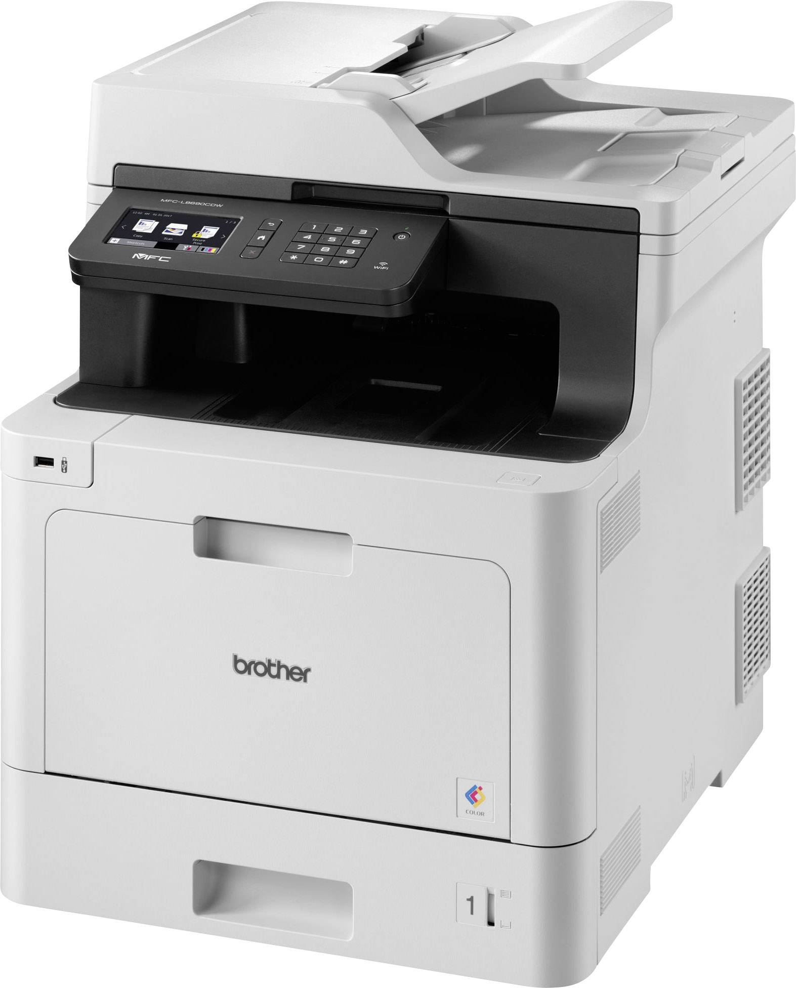 Ein weißer Multifunktionsdrucker mit Scanner und Bedienfeld; schlichte Büroausstattung für Drucken, Kopieren und Scannen.