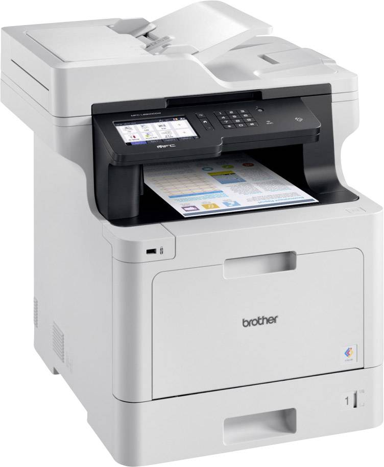 Multifunktionsdrucker mit Bedienelementen, Scanner und Papierausgabe. Ein bedrucktes Papier zeigt bunte Grafiken und Text.