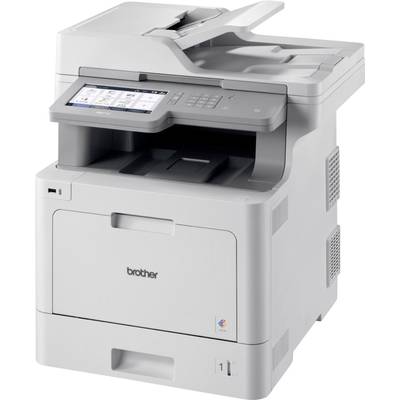 Ein grauer Multifunktionsdrucker mit Touchscreen-Bedienfeld oben und Papierschacht unten.