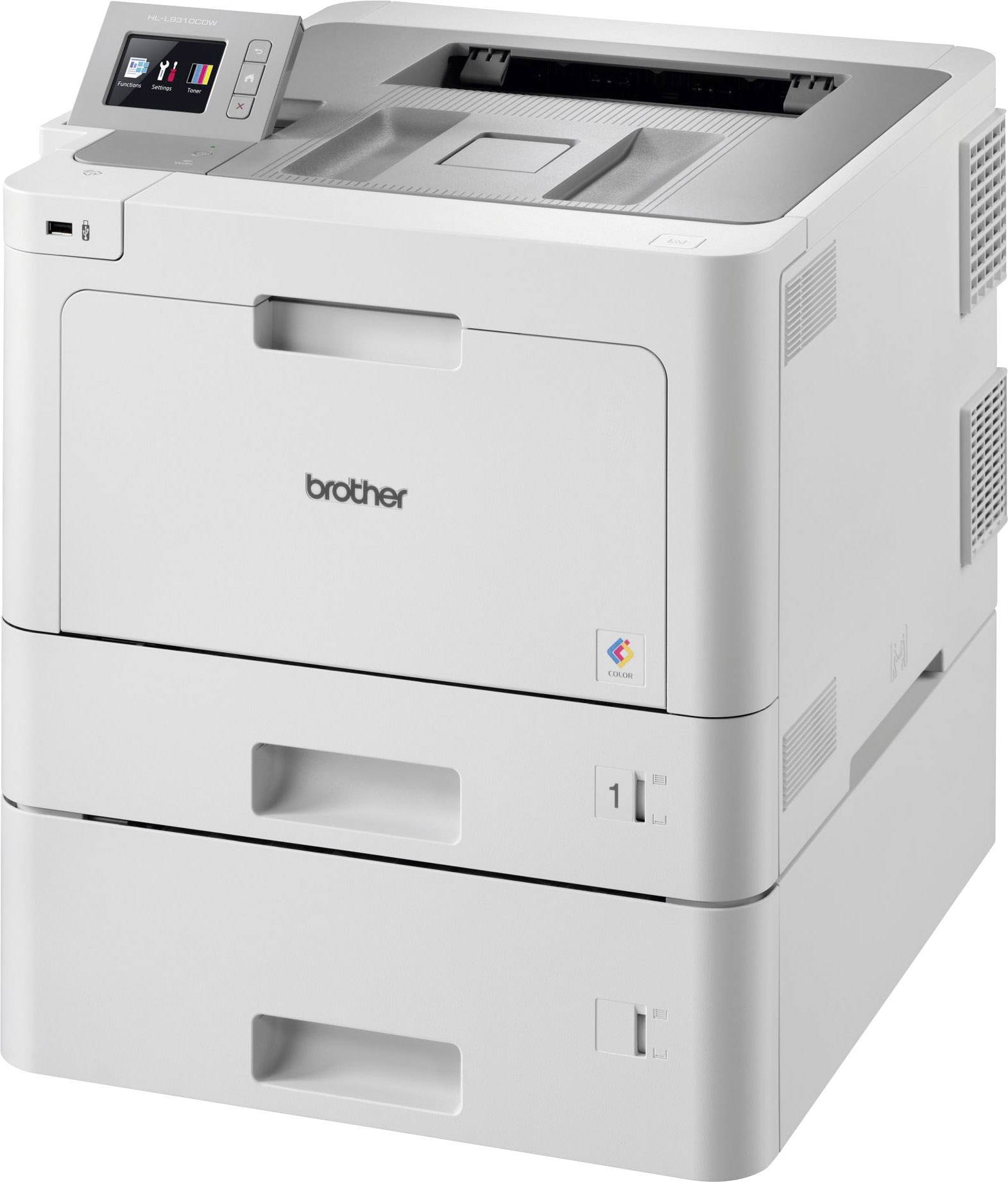 Ein weißer Drucker mit zwei Papierfächern und einem digitalen Display zeigt das Markenlogo auf der Vorderseite.