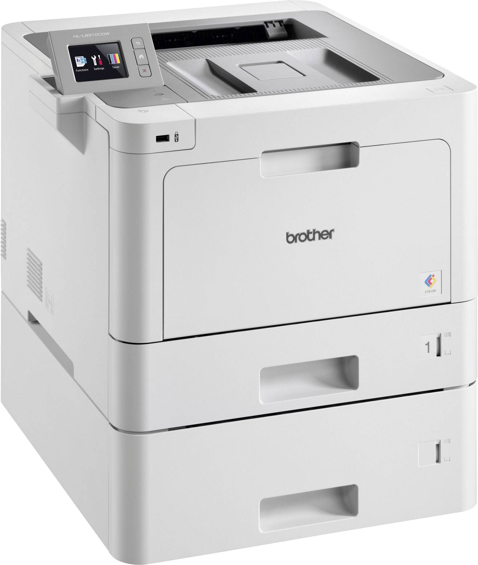 Ein grauer Drucker mit Bedienfeld oben links. Markenlogo auf der Vorderseite. Enthält zwei Papierfächer unten.