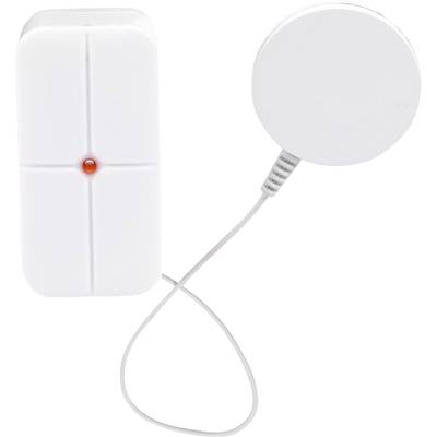 Ein weißer Wasserleckdetektor mit rundem Sensor und Kabel. Eine rote LED zeigt die Aktivität an. Gerät ist für Überwachung.