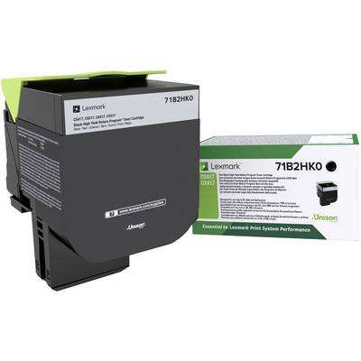 Schwarze Lexmark-Tonerkartusche, Modellnummer 71B2HKO, neben der Verpackung. Für Druckermodelle CS417 und CX417 geeignet.