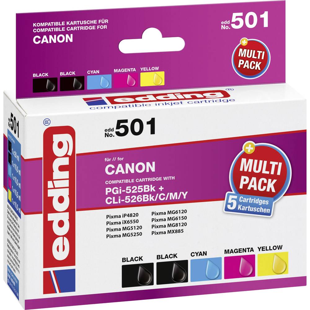 Edding Inkt vervangt Canon PGI-525, CLI-526 Compatibel Combipack Zwart, Foto zwart, Cyaan, Magenta, 