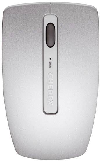 Eine silberne Computermaus mit vertikalem Scrollrad und dem Wort 'CHERRY' in der Mitte.