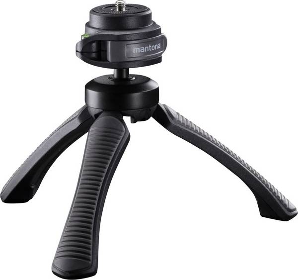 Mantona Gaia Tischstativ 1/4 Zoll Arbeitshöhe=13 cm Grau Wasserwaage, inkl. Handschlaufe