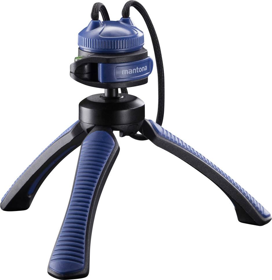 Ein kleines, blau-schwarzes Dreibeinstativ mit gummierten Beinen, geeignet für Kameras oder andere Aufnahmegeräte.