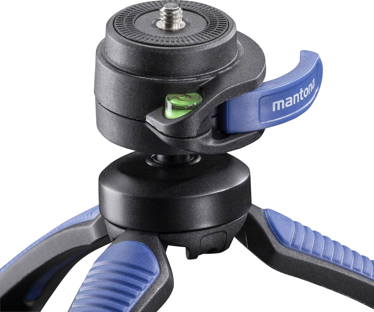 Stativkopf eines Dreibeinstativs mit blauen Akzenten und Wasserwaagenanzeige für Ausrichtung.