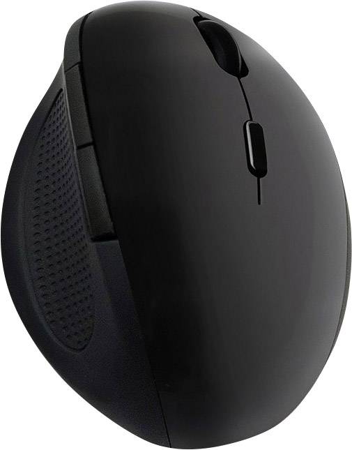 Schwarze ergonomische Computermaus mit geschwungener Form und seitlichen Tasten, für besseren Halt und Komfort beim Arbeiten.