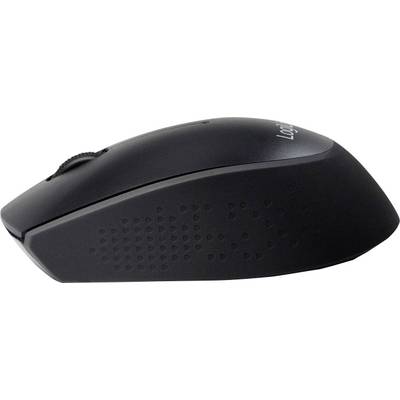 Eine schwarze drahtlose Computermaus, seitliche Ansicht, mit Scrollrad und mattem Oberflächenfinish.