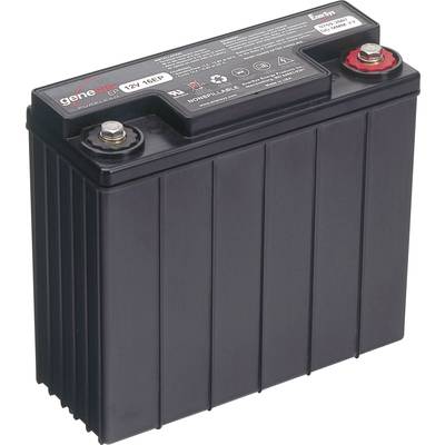 Schwarze 12V Batterie mit zwei Anschlüssen oben; links negativ, rechts positiv. Text und Warnhinweise auf der Oberseite sichtbar.