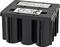 Eine schwarze Bleibatterie mit Symbolen für Recycling, Umweltgefahren und Sicherheitshinweise auf dem Label oben.