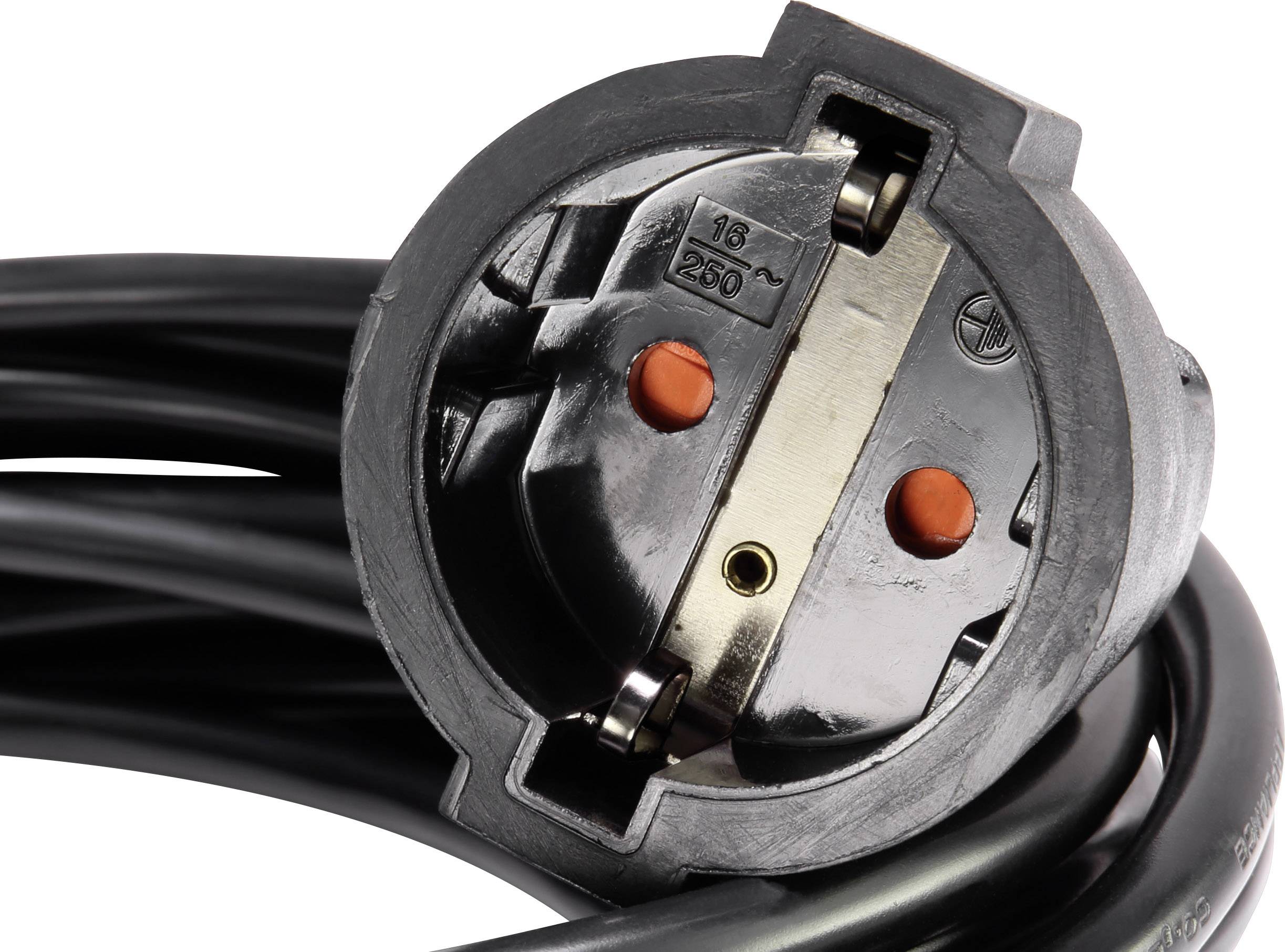 Nahaufnahme eines schwarzen, runden Euro-Steckers mit zwei Kontaktstiften und dem Aufdruck '16A 250V', geeignet für europäische Steckdosen.