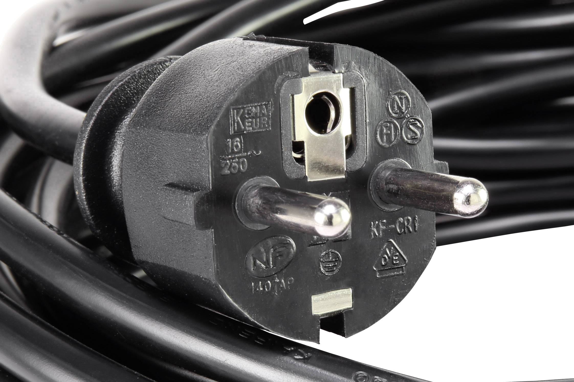 Ein schwarzer zweipoliger Stecker mit angeschlossenem Kabel, in Nahaufnahme. Der Stecker ist für europäische Steckdosen geeignet.