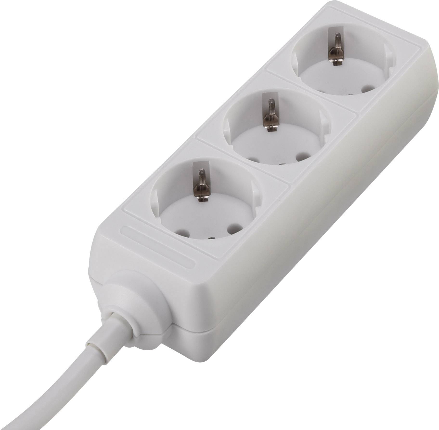 Weiße dreifache Steckdosenleiste mit Kabel, geeignet für den Anschluss von drei Elektrogeräten.