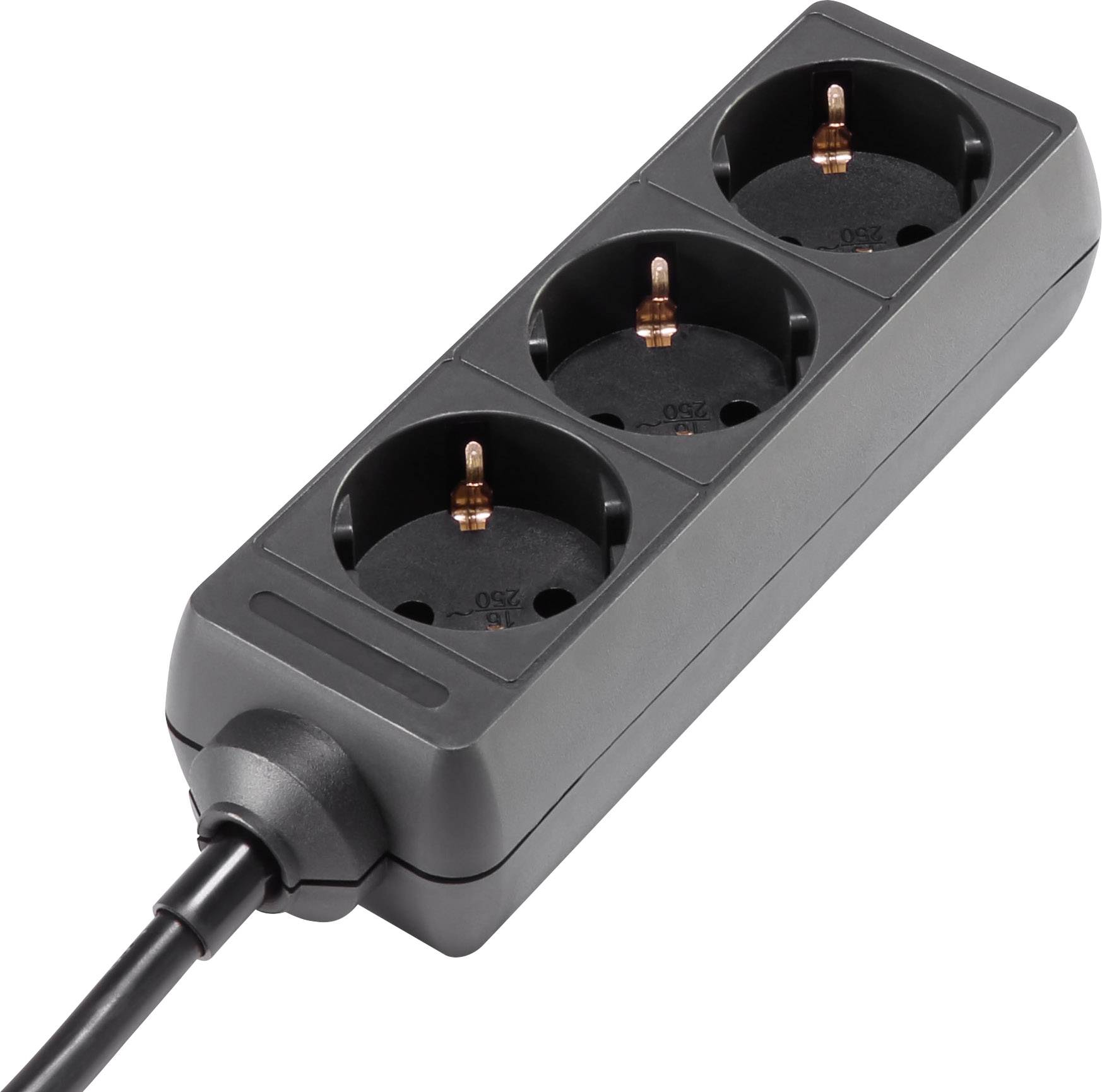 Dreifachsteckdose in Schwarz mit einem angeschlossenen Kabel, geeignet für den Anschluss mehrerer elektronischer Geräte.