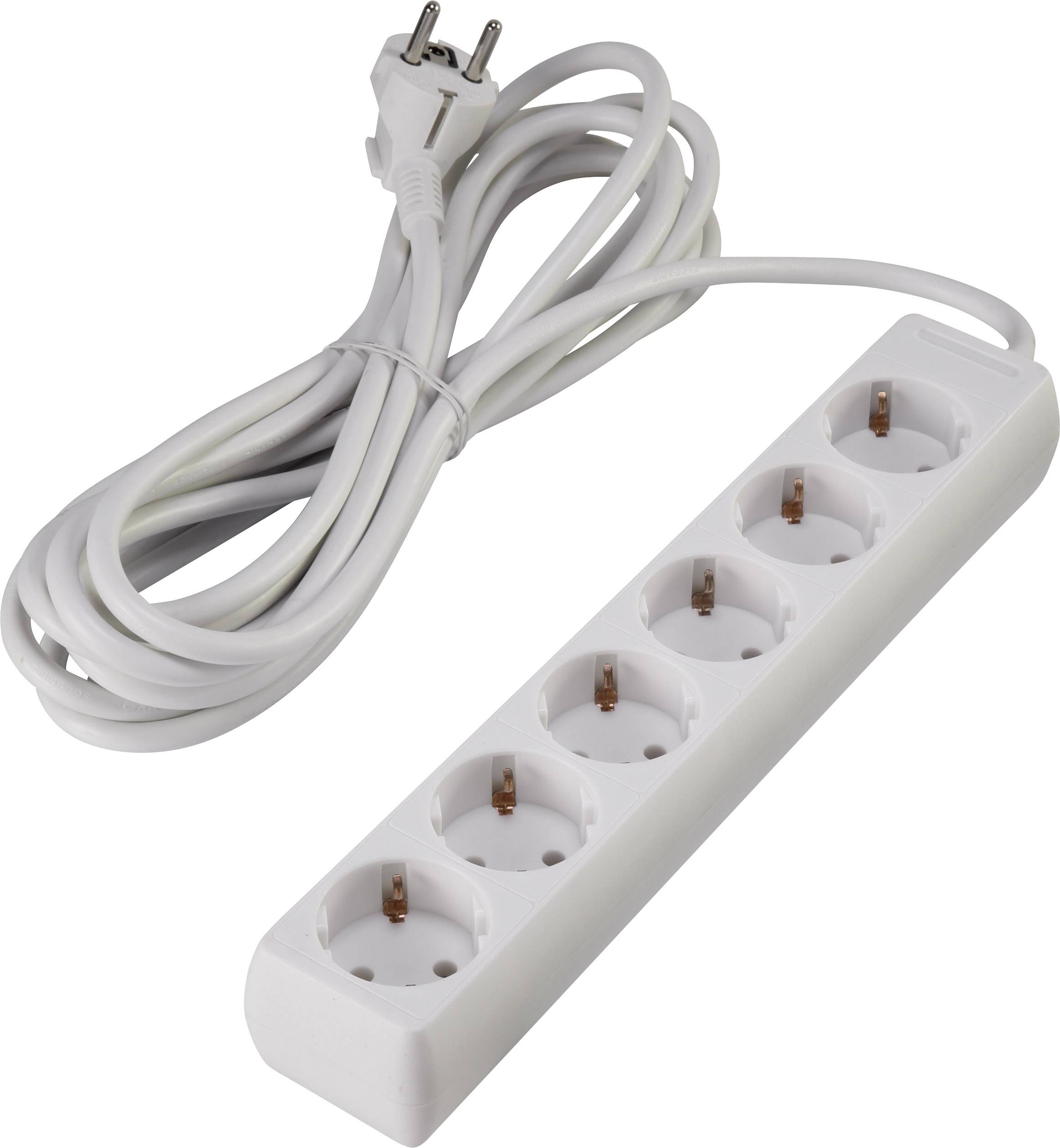 Steckdosenleiste mit fünf Steckplätzen und langem Kabel, geeignet für mehrere elektrische Geräte, auf weißem Hintergrund.
