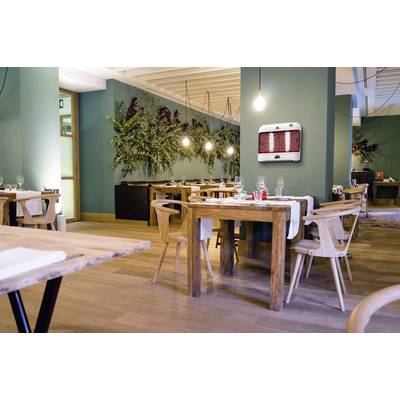 Ein gemütliches Restaurant mit Holztischen und Stühlen, dekorierten Wänden mit Pflanzen und warmem Licht.