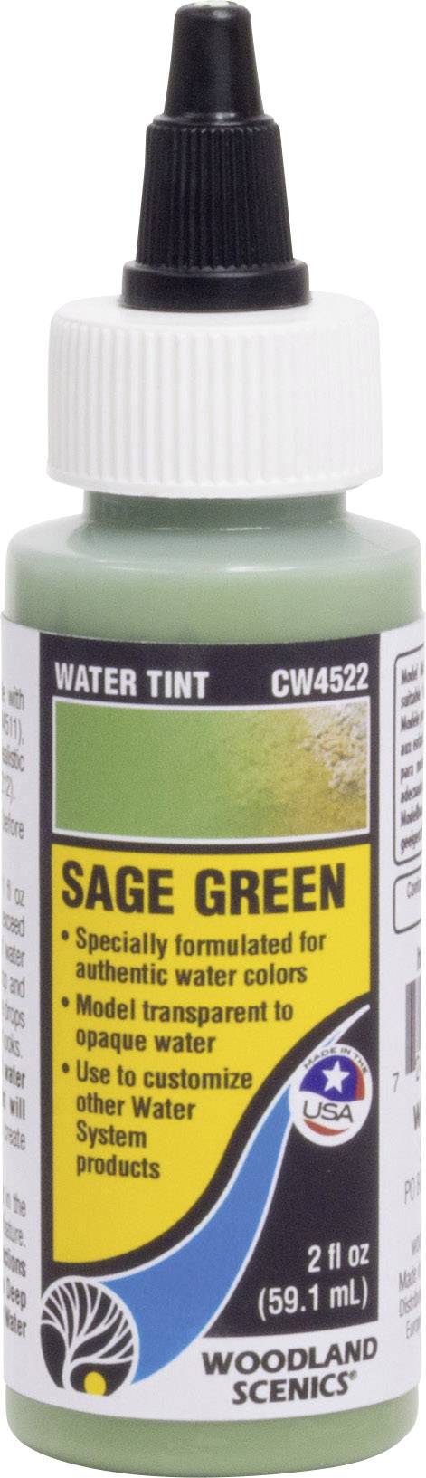 Eine Flasche Wasserfarbe von Woodland Scenics in Salbeigrün, 59,1 ml. Speziell formuliert für authentische Wasserfarben.