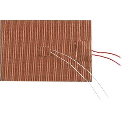 Rotes, rechteckiges Textilheizelement mit integrierten elektrischen Drähten, die aus der rechten Seite herausführen.