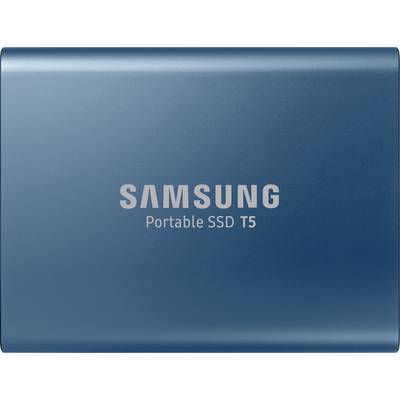 Externe blaue SSD mit der Aufschrift 'Samsung Portable SSD T5'.