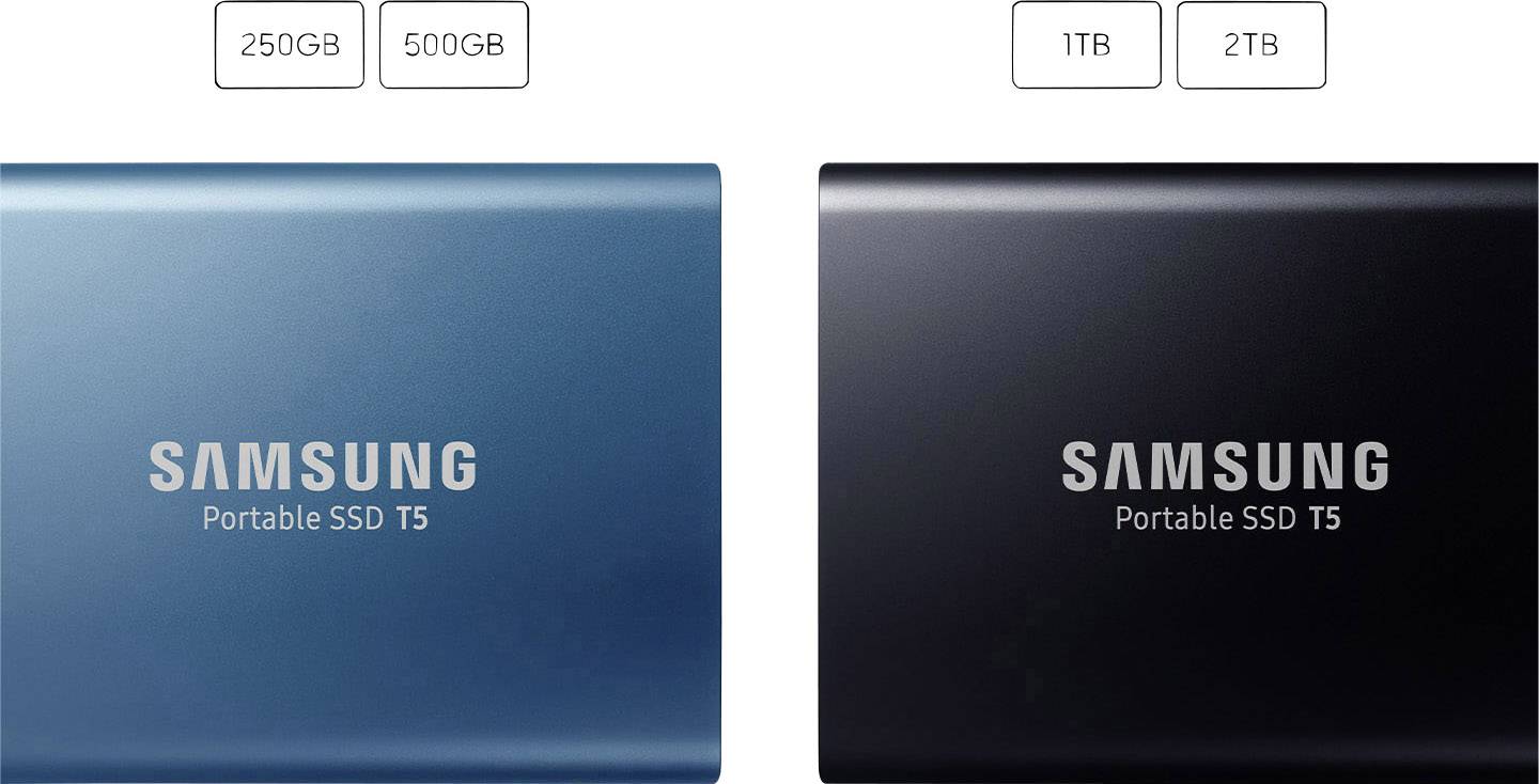 'Samsung Portable SSD T5' externe Festplatten in Blau für 250GB/500GB und Schwarz für 1TB/2TB, nebeneinander dargestellt.