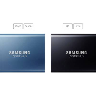 'Samsung Portable SSD T5' externe Festplatten in Blau für 250GB/500GB und Schwarz für 1TB/2TB, nebeneinander dargestellt.