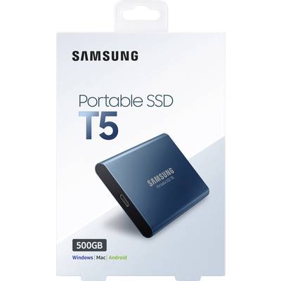 Eine Verpackung der Samsung Portable SSD T5, 500GB. Die Abbildung zeigt die blaue Festplatte und Kompatibilität mit Windows, Mac, Android.