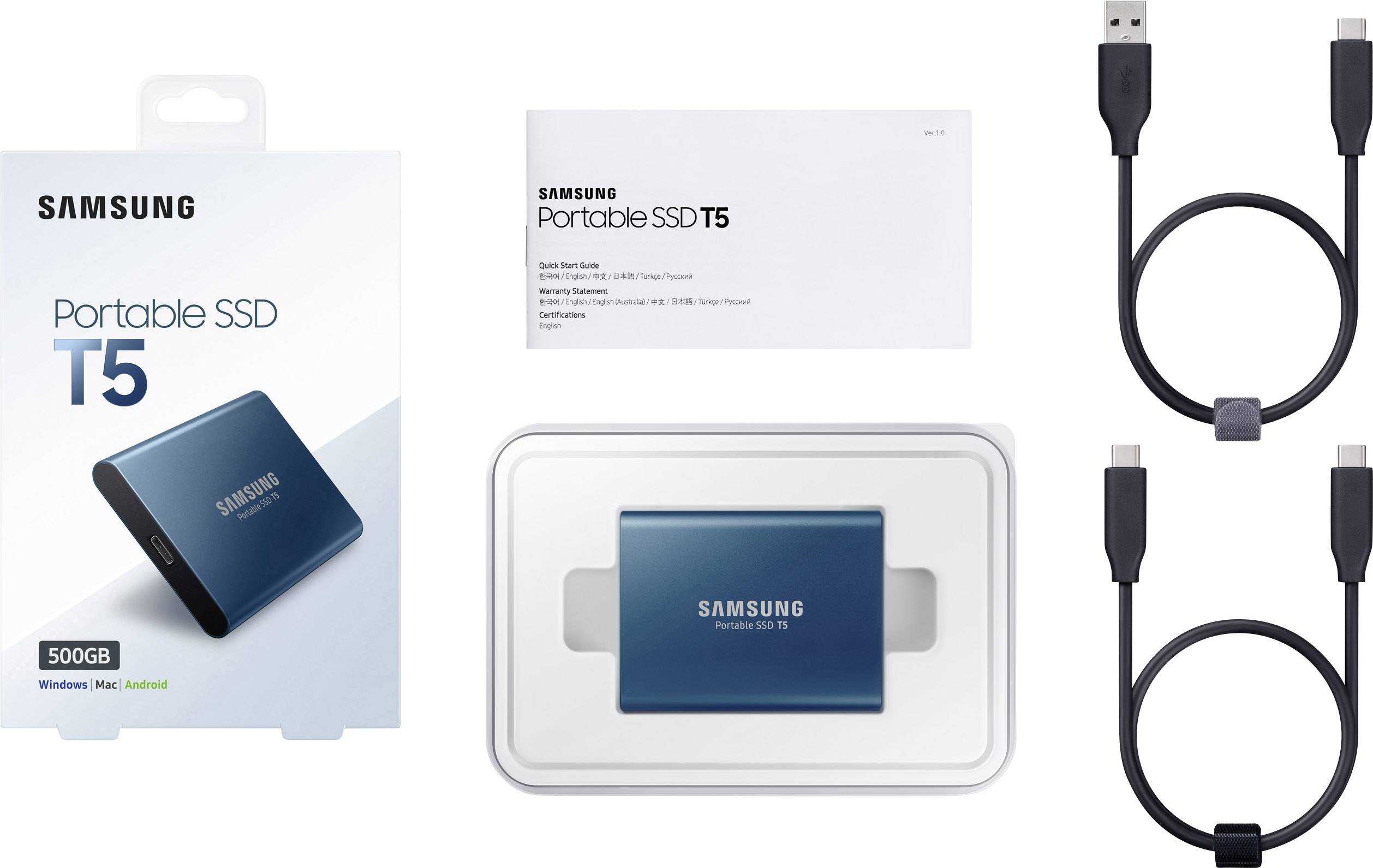 Externe Samsung SSD T5 (500GB) mit Verpackung, Anleitung und zwei Datenkabeln. Kompatibel mit Windows, Mac und Android.