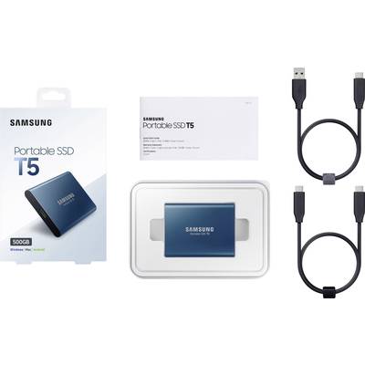 Externe Samsung SSD T5 (500GB) mit Verpackung, Anleitung und zwei Datenkabeln. Kompatibel mit Windows, Mac und Android.