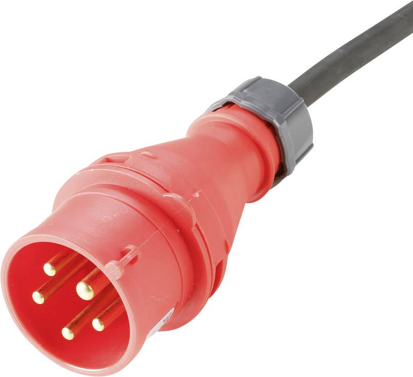 Ein roter dreipoliger Steckverbinder mit schwarzem Kabel, typischerweise für industrielle Anwendungen oder leistungsintensive Geräte verwendet.