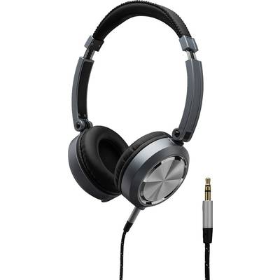 Graue Over-Ear-Kopfhörer mit schwarzem Kopfband und Kabel. Sie haben gepolsterte Ohrmuscheln und einen 3,5-mm-Klinkenstecker.